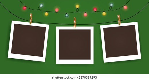 Set of empty photo frame mockup with christmas lights, pimple, christmas tree, snowman. Black and white photo frame template with shadows. Realistic blank frame vector on green background. New year.