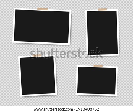 Set of empty photo frames with adhesive tape isolated on transparent background. Vector illustration EPS 10