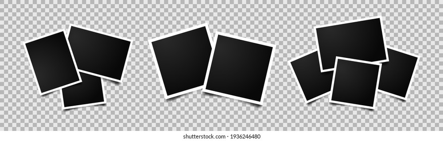 Set of empty photo frames compositions. Realistic vector mockups. Retro photo frames with shadow isolated on transparent background.