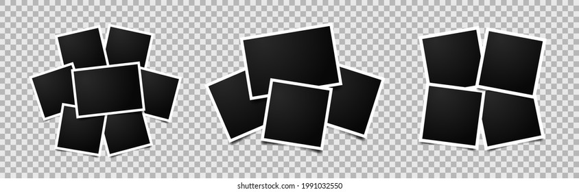 Set of empty photo frames compositions. Realistic vector mockups. Retro photo frames with shadow isolated on transparent background.