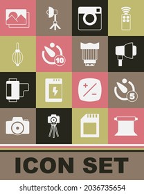 Set Empty photo studio, Camera timer, Softbox light, Photo camera, Dust blower, frame and lens icon. Vector