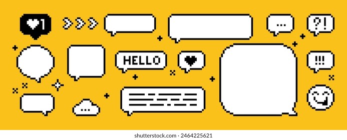 Set of empty pixel art speech bubbles. Chat or pixel dialogue box. 8-bit retro style vector illustration