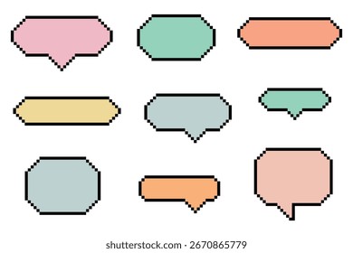 Set of empty pixel dialog boxes of different colors and shapes. Vector speech bubbles in 8-bit retro style.