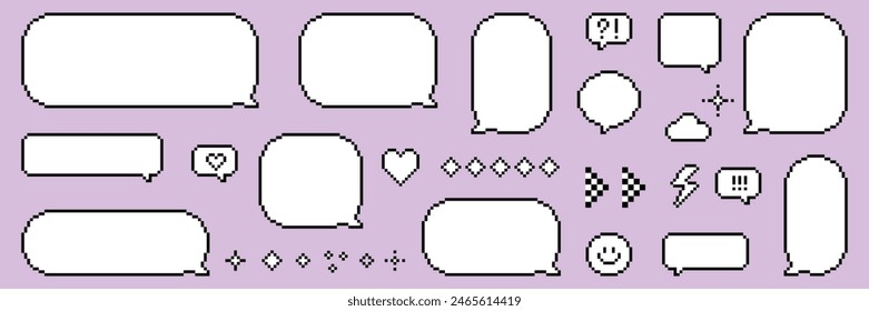 Set of empty pixel speech bubbles. Pxelated dialogue box. Ballon. 8-bit retro style vector illustration. UI. Y2k trendy stickers. Mood of 90's aesthetics