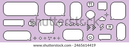 Set of empty pixel speech bubbles. Pxelated dialogue box. Ballon. 8-bit retro style vector illustration. UI. Y2k trendy stickers. Mood of 90's aesthetics