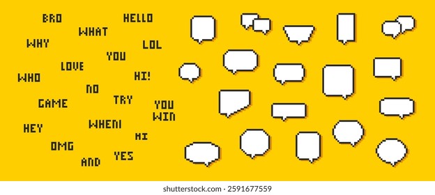 Set of empty pixelated speech bubbles and phrases. Pixel speech bubbles. Chat speech or dialogue. 8 bit texting dialogue bubble.