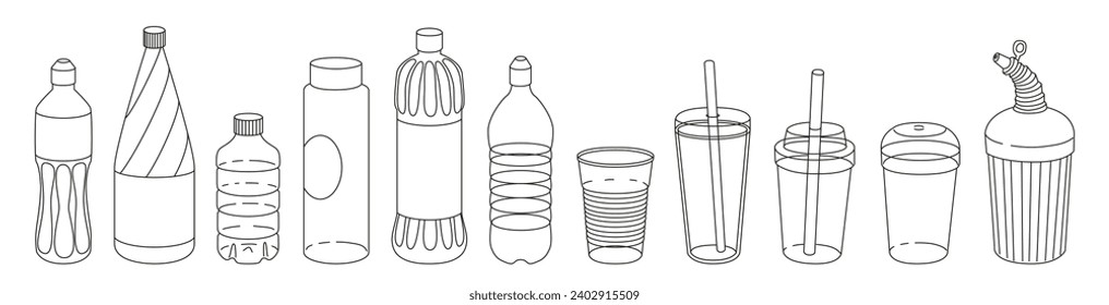 Conjunto de botellas y tazas de plástico vacías. Recipiente para bebidas y otros líquidos. Embalaje reciclable. Estilo de línea. Ilustración vectorial aislada en fondo transparente.