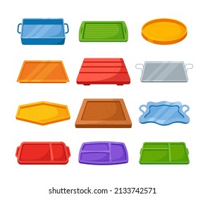 Set Empty Plastic, Metal and Wooden Trays, Blank Takeout Items. Serving Trays for Home Kitchen, Caterer Food, Office Parties, Banquet Events Isolated on White Background. Cartoon Vector Illustration