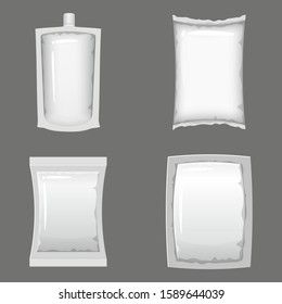 Set empty plastic packaging and vacuum containers mockups to storage for food products. Template cartoon style vector isolated