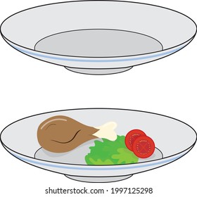 A set of an empty plate, and a plate with a healthy meal in it, including a piece of chicken, salad and tomatoes. 