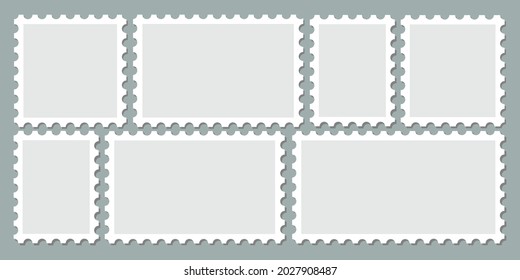 Set of empty postage stamp frame vector. Different toothed border blank mark frames. Collection pack of clean postal sticker with copy space.