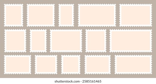 Set of empty postcard stamp frames. Different forms of vector postage stamps