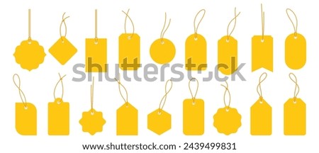 Set empty price tags in different shapes. Yellow price tags. Template of price tags, labels. Paper discounts on an white background.