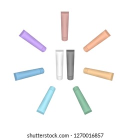 Set of empty realistic package for advertising cosmetic, medical, healthcare products. Collection of plastic red, orange, violet, green, blue, yellow, pink, black tubes. Rainbow.Vector isolated mockup