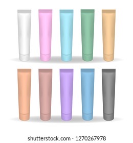 Set of empty realistic package for advertising cosmetic, medical, healthcare products. Collection of plastic red, orange, violet, green, blue, yellow, pink, black tubes. Vector isolated mockups