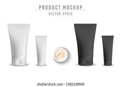 Set of empty realistic package for cosmetic product. blank template plastic container, tube, bottle with dispenser, cream jar. Vector mockup of packages isolated on white  background. 3d illustration.