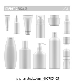 Set of empty realistic package for cosmetic product. Collection of blank template of plastic container with pump, tube, bottle with dispenser, spray. Vector mockup of packages isolated on white