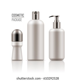 Set of empty realistic package for cosmetic product. Collection of blank template of plastic containers: deodorant, shampoo, body cream bottle with pump. Vector mockup of isolated on white background.