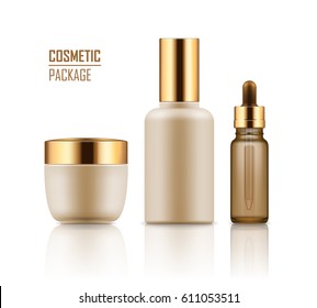 Set of empty realistic package for cosmetic product with gold caps. Blank template of plastic container: jar of cream, serum or essence in vial with dropper. Vector mockup on white background.