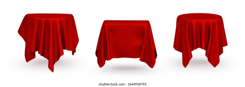 Set Of Empty Realistic Red Silk Cloth Table Drape Vector Template For Product Display Presentation