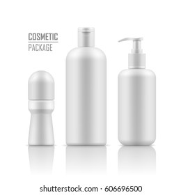 Set of empty realistic white package for cosmetic product. Collection of blank template of plastic containers: deodorant, shampoo, body cream bottle with pump. Vector mockup on white background.