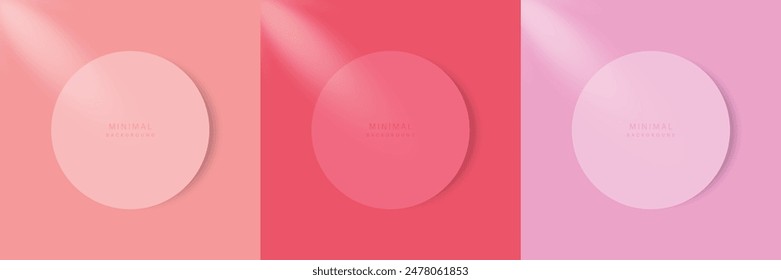 Set of empty red, pink product displays circle frame on background. Abstract 3D cosmic color backdrops. Elements for valentine day festival designs. Top view. Vector illustration.