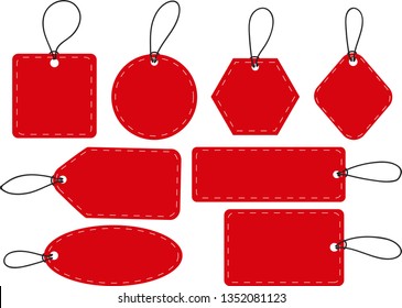 Set of empty red tags vector labels with strings isolated on white background. Very useful tags for business, gift or celebrations.