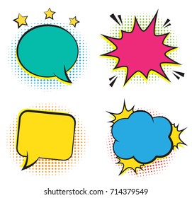 Set of empty retro colorful comic bubbles and elements with halftone shadows. Vector illustration, vintage design, pop art style.