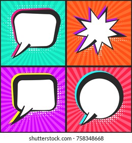 Set of empty retro comic speech bubbles on color strip background in pop art style with white halftone shadow. Black outline message clouds for comics book or advertising superhero text, web design