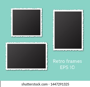 Set of empty retro frames with shadows isolated on blue background. Vintage torn paper empty snapshot photography template. Vector illustration.