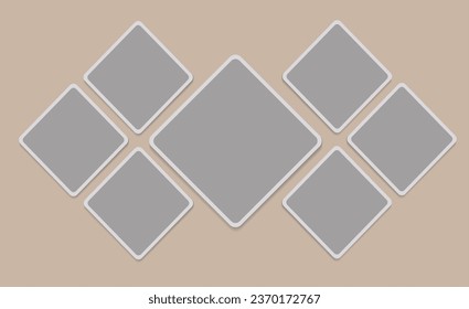 Set of empty rhombus photo frames. 7 square photo cards. Website banner template, flyer, leaflet. Vector Mockup for design, collages, advertising. Blank template on beige. EPS10. 