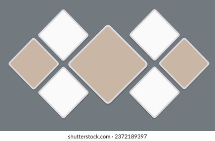 Set of empty rhombus photo frames. 7 square photo cards. Website banner template, flyer, leaflet. Vector Mockup for design, collages, advertising. Blank template grey background. EPS10.