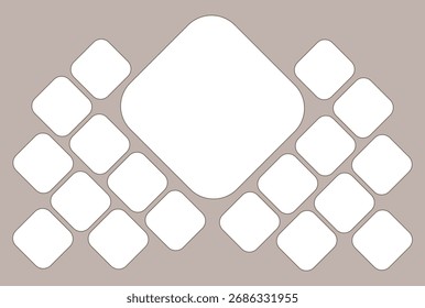 Set of empty rhombus photo frames. 19 square mosaic photo cards. Website banner template, flyer, leaflet. Vector Mockup for design, collages, advertising. Blank template on beige. EPS10. 
