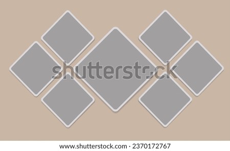 Set of empty rhombus photo frames. 7 square photo cards. Website banner template, flyer, leaflet. Vector Mockup for design, collages, advertising. Blank template on beige. EPS10. 