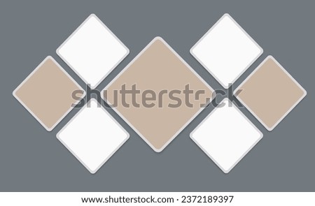 Set of empty rhombus photo frames. 7 square photo cards. Website banner template, flyer, leaflet. Vector Mockup for design, collages, advertising. Blank template grey background. EPS10.