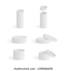 Set of empty round boxes isolated on white background. Isometric cardboard gift boxes collection. Vector illustration