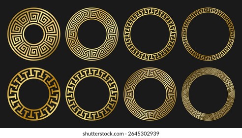 Set of empty round Circular Greek Meander gold Frame Borders. Isolated realistic golden Vector Design Elements, text box on black background EPS10	