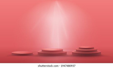 Set of empty round podiums on blue scene. Winners stages, podiums, pedestals