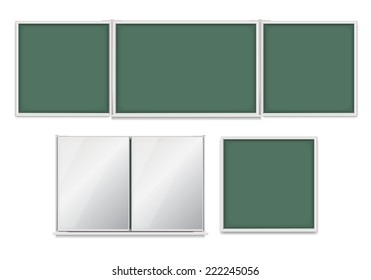 Set of empty school boards with green background include big blackboard with sections, closed board, small board, eps10 isolated