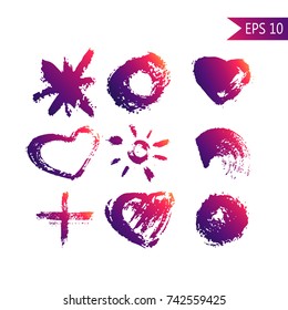 Set of empty scribble circle, heart, sun, love, stroke, blot, cross, stripes. Vector design elements. Brush painting. Dirty and grange. Brushstrokes with violet trend gradient. Grunge.