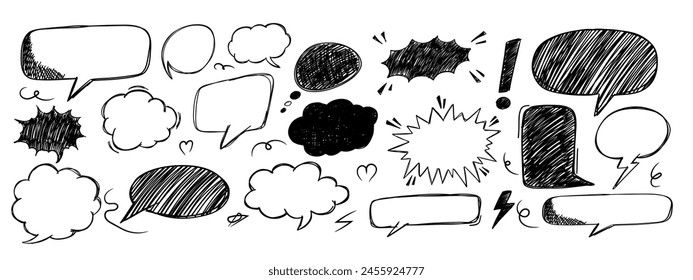 Set of empty scribble comic speech bubbles in different shapes. Pen paint element.