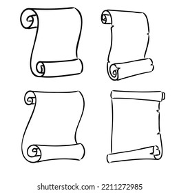 Set of empty scrolls. Hand drawn sketch style vintage scrolls and banners collection. Vector illustrations isolated on white background.