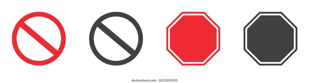 Set of empty signs. Crossed out red circle, stop blank sign in red octagon. Traffic sign, empty NO symbol. Vector. EPS10.