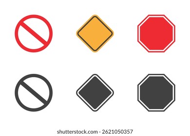 Set of empty signs. Crossed out red circle, stop blank sign in red octagon, blank yellow sign. Priority road icon, traffic sign. Empty NO symbol. Vector. EPS10.
