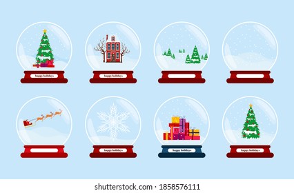 Set of an empty snow globe with the inscription Happy Holidays. Vector illustration.
