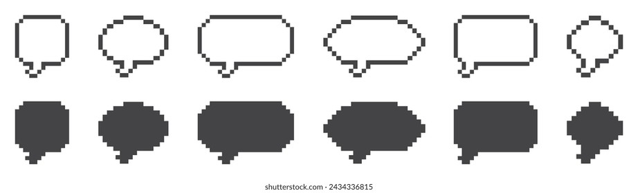 Set of empty speech bubble pixel icons. Dialogue bubbles or chat speech, different shape pixel speech bubble. 8-bit. Vector.