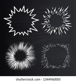 Set empty speech bubbles in cartoon style. Hand-drawn blasts with chalk on blackboard
