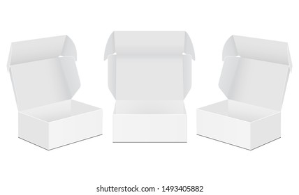 Set of empty square boxes with open lid mockup isolated on white background. Vector illustration