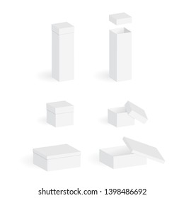 Set of empty square/rectangular boxes isolated on white background. Isometric cardboard gift boxes collection. Vector illustration