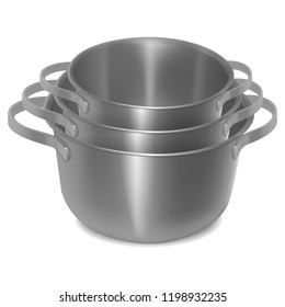 set of empty steel pots. isolated image. realistic style. vector illustration.